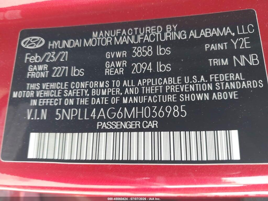 5NPLL4AG6MH036985 2021 HYUNDAI ELANTRA photo no. 9