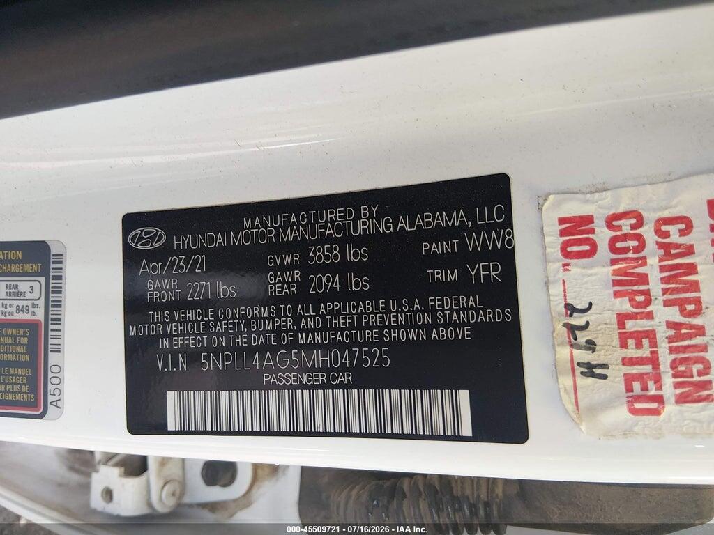 5NPLL4AG5MH047525 2021 HYUNDAI ELANTRA photo no. 9