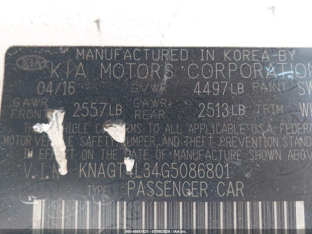 KNAGT4L34G5086801 2016 KIA OPTIMA photo no. 9