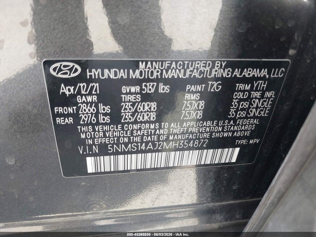 5NMS14AJ2MH354872 2021 HYUNDAI SANTA FE photo no. 9