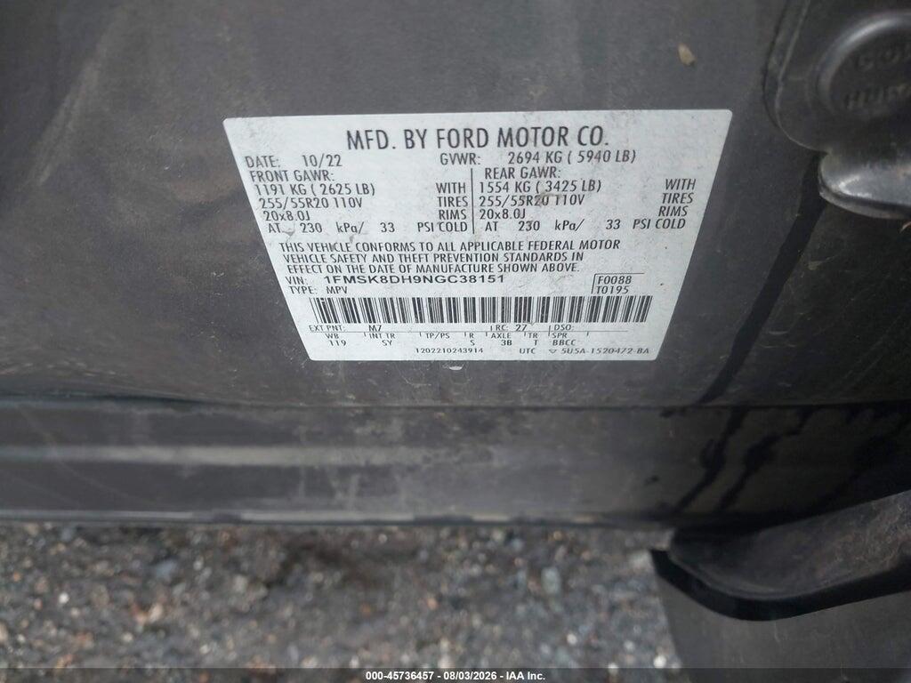 1FMSK8DH9NGC38151 2022 FORD EXPLORER photo no. 9