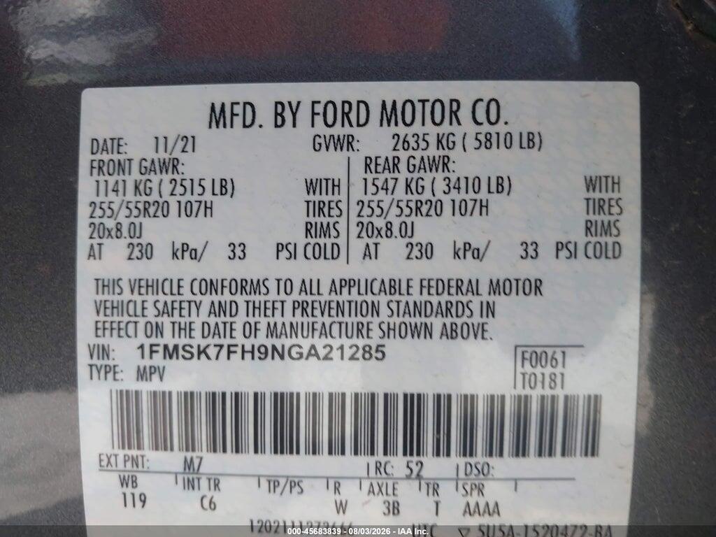 1FMSK7FH9NGA21285 2022 FORD EXPLORER photo no. 9