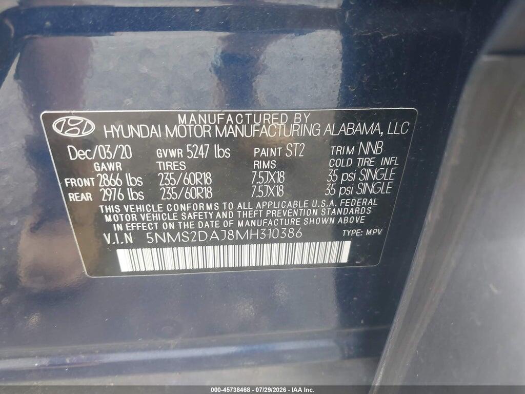 5NMS2DAJ8MH310386 2021 HYUNDAI SANTA FE photo no. 9