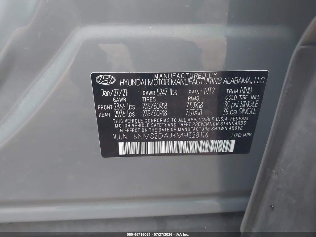5NMS2DAJ3MH328116 2021 HYUNDAI SANTA FE photo no. 9