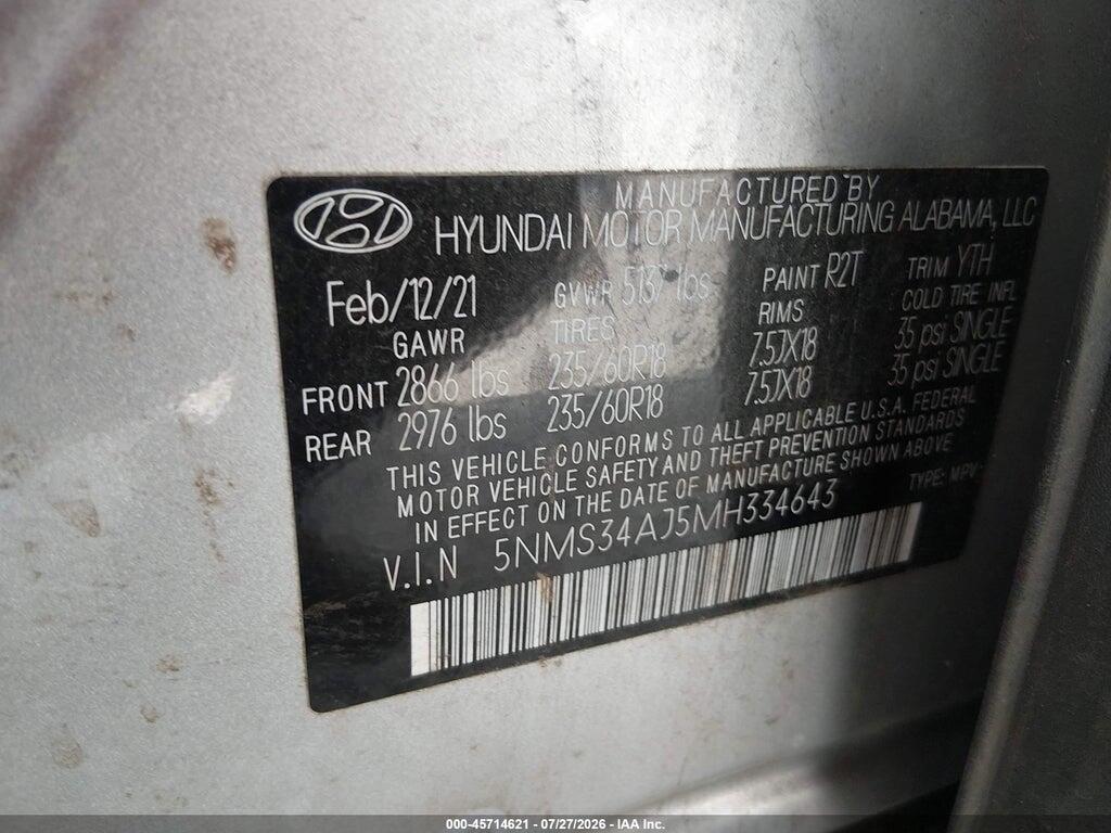 5NMS34AJ5MH334643 2021 HYUNDAI SANTA FE photo no. 9