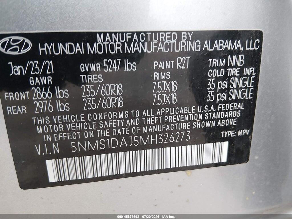 5NMS1DAJ5MH326273 2021 HYUNDAI SANTA FE photo no. 9