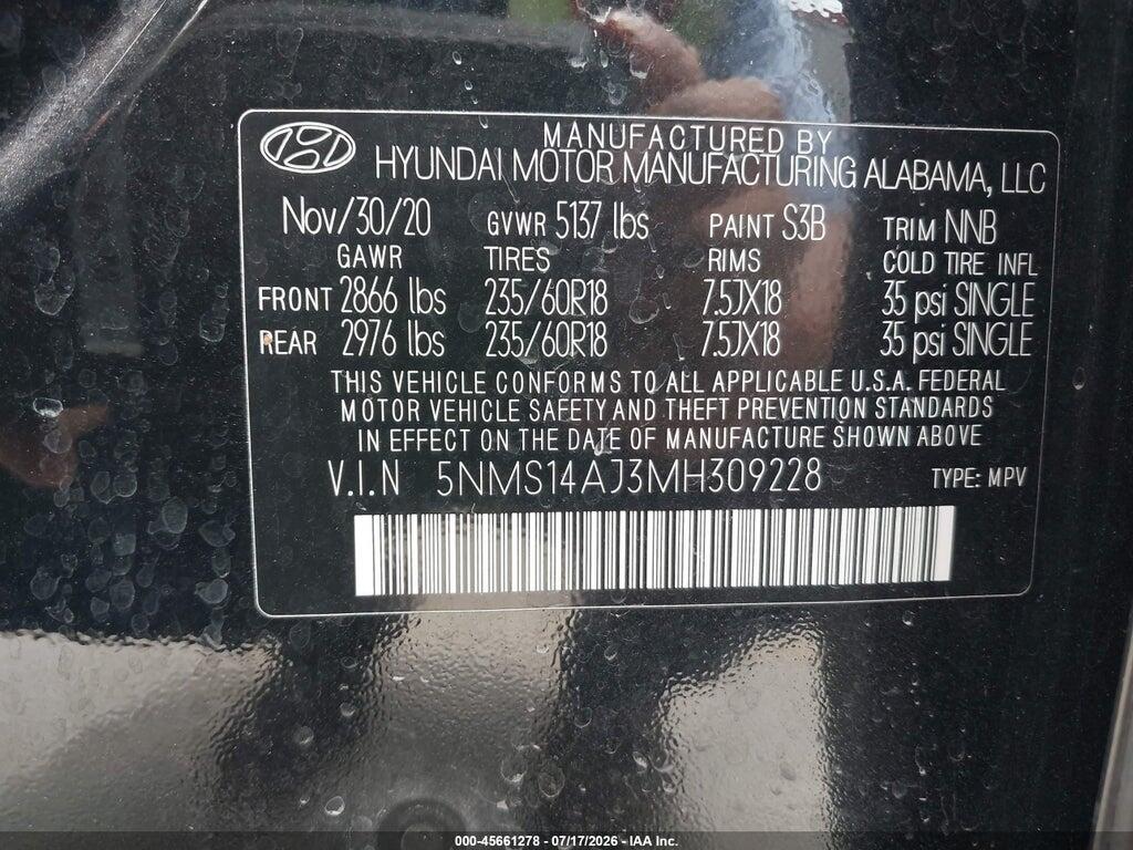 5NMS14AJ3MH309228 2021 HYUNDAI SANTA FE photo no. 9