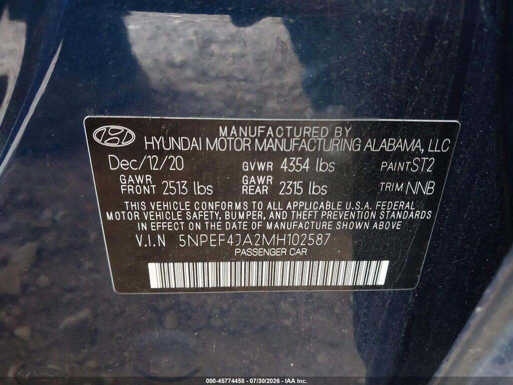 5NPEF4JA2MH102587 2021 HYUNDAI SONATA photo no. 9