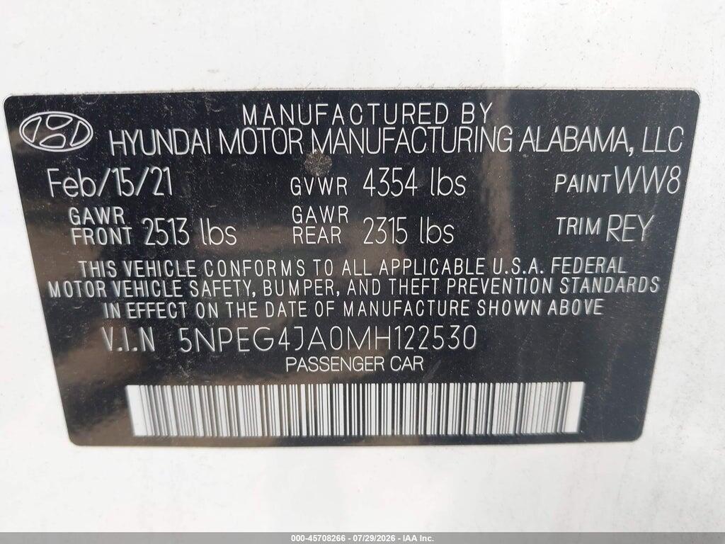 5NPEG4JA0MH122530 2021 HYUNDAI SONATA photo no. 9