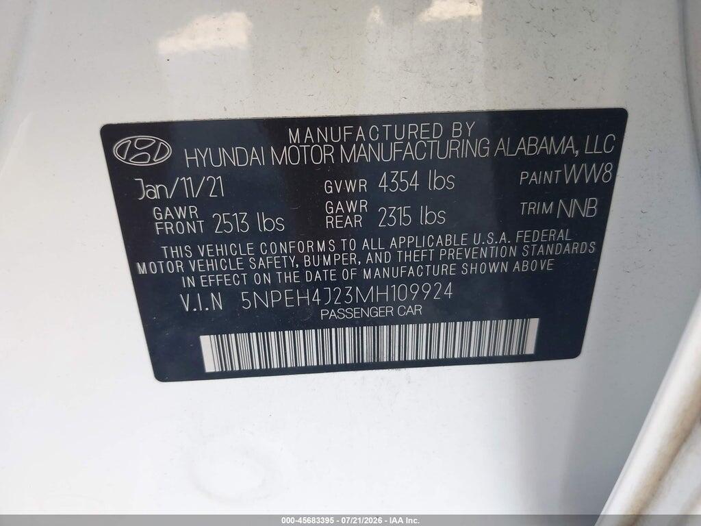 5NPEH4J23MH109924 2021 HYUNDAI SONATA photo no. 9