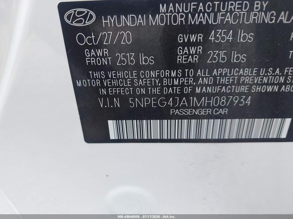 5NPEG4JA1MH087934 2021 HYUNDAI SONATA photo no. 9