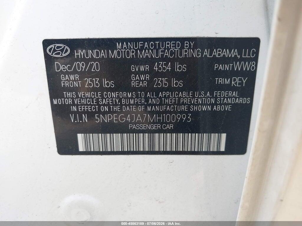 5NPEG4JA7MH100993 2021 HYUNDAI SONATA photo no. 9