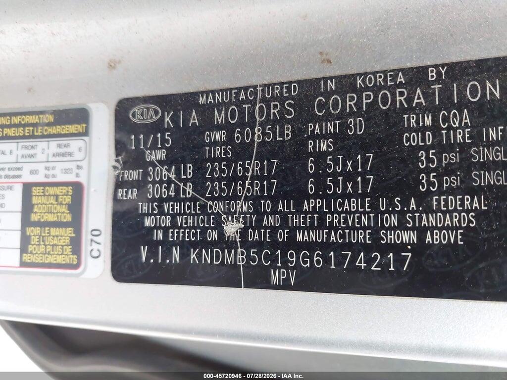 KNDMB5C19G6174217 2016 KIA SEDONA photo no. 9