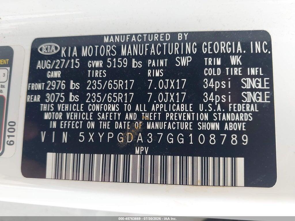 5XYPGDA37GG108789 2016 KIA SORENTO photo no. 9