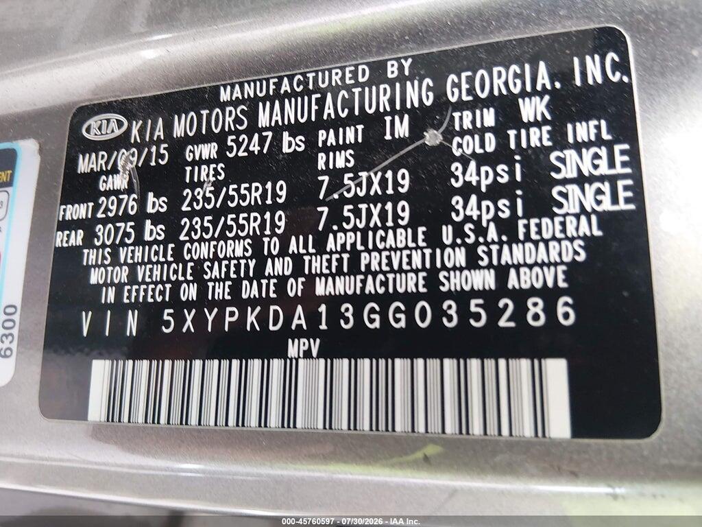 5XYPKDA13GG035286 2016 KIA SORENTO photo no. 9