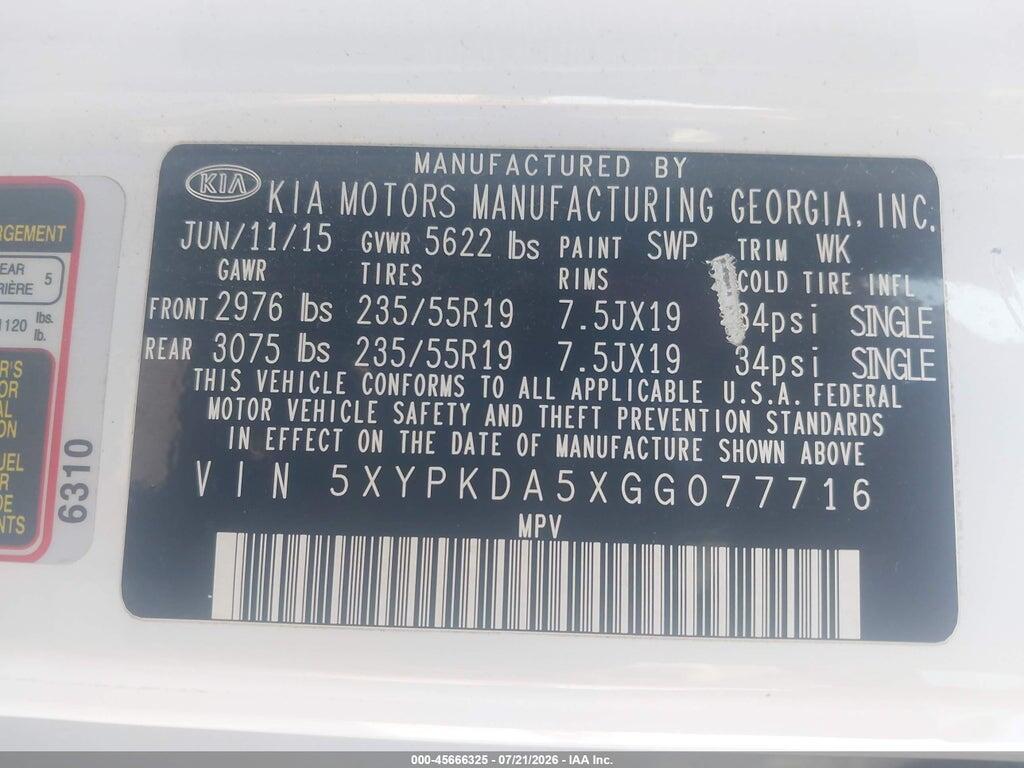 5XYPKDA5XGG077716 2016 KIA SORENTO photo no. 9