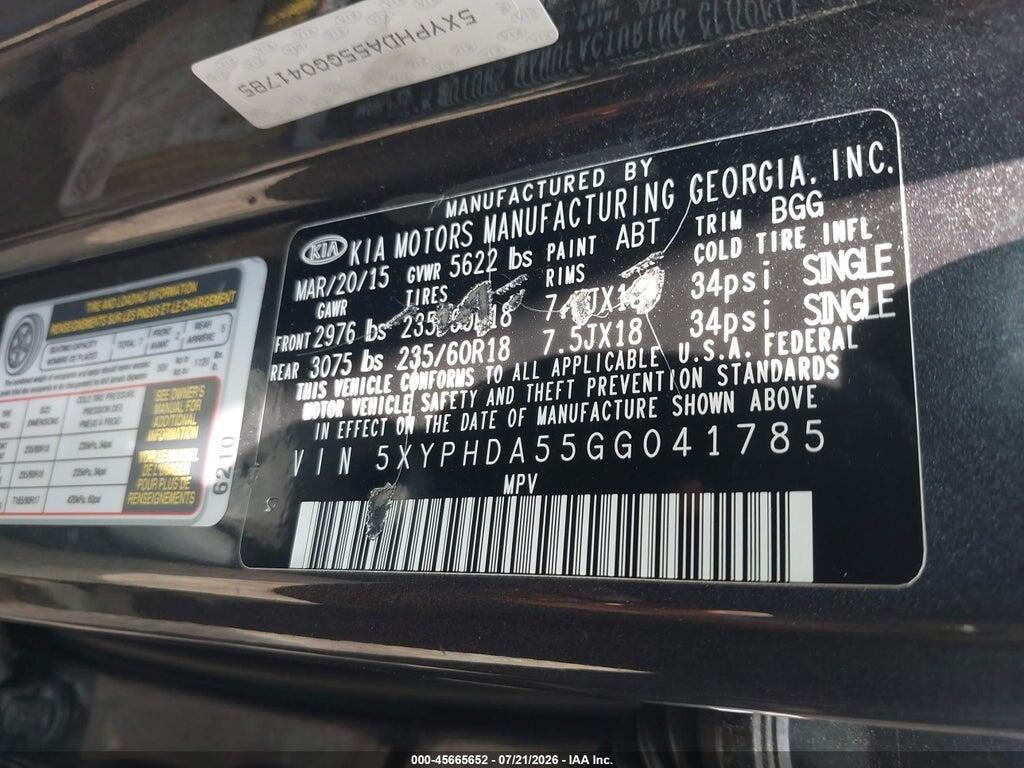 5XYPHDA55GG041785 2016 KIA SORENTO photo no. 9