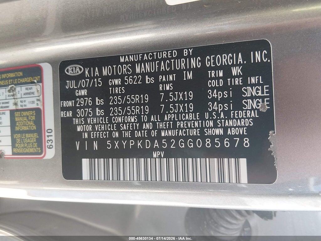 5XYPKDA52GG085678 2016 KIA SORENTO photo no. 9