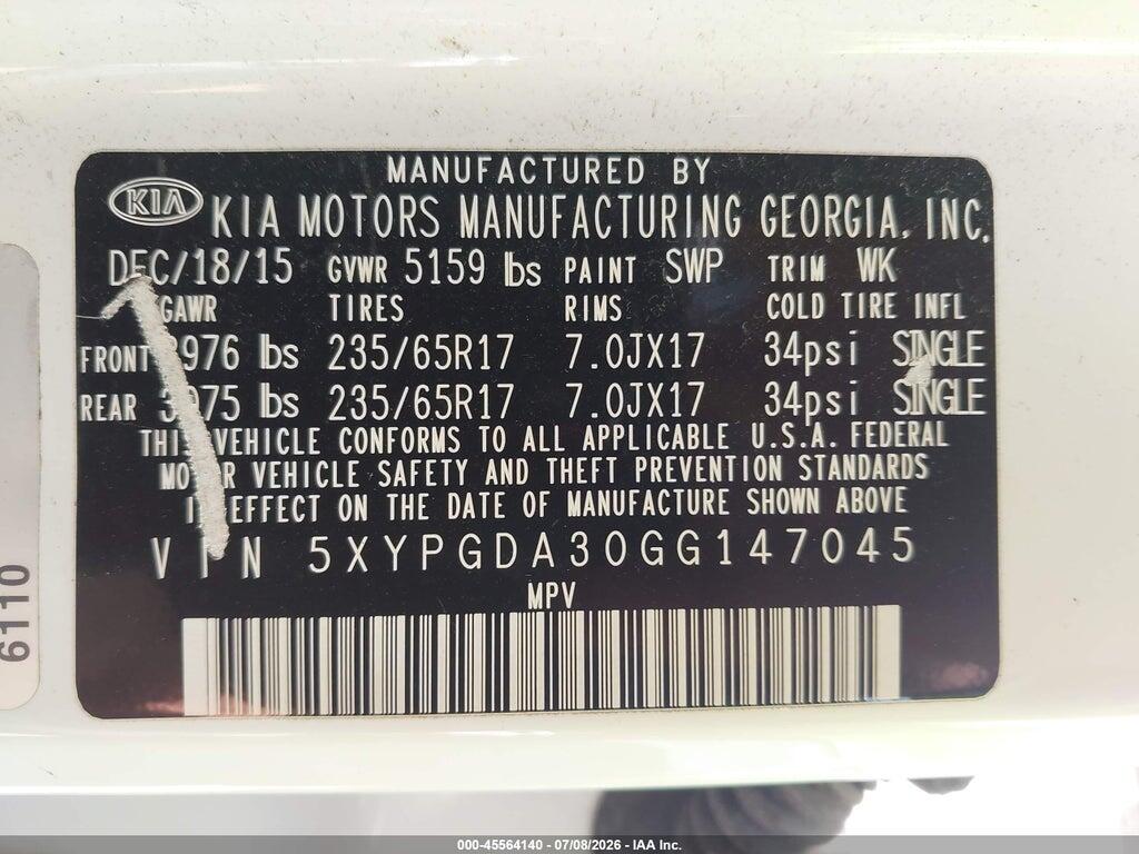 5XYPGDA30GG147045 2016 KIA SORENTO photo no. 9