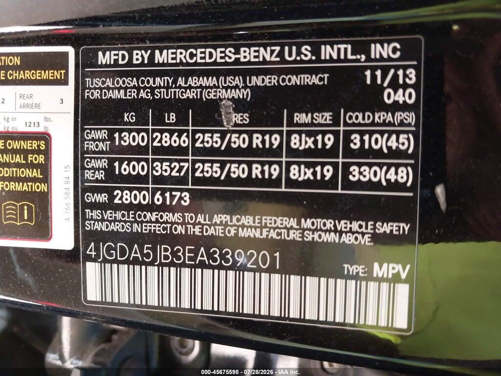 4JGDA5JB3EA339201 2014 MERCEDES-BENZ ML 350 photo no. 9