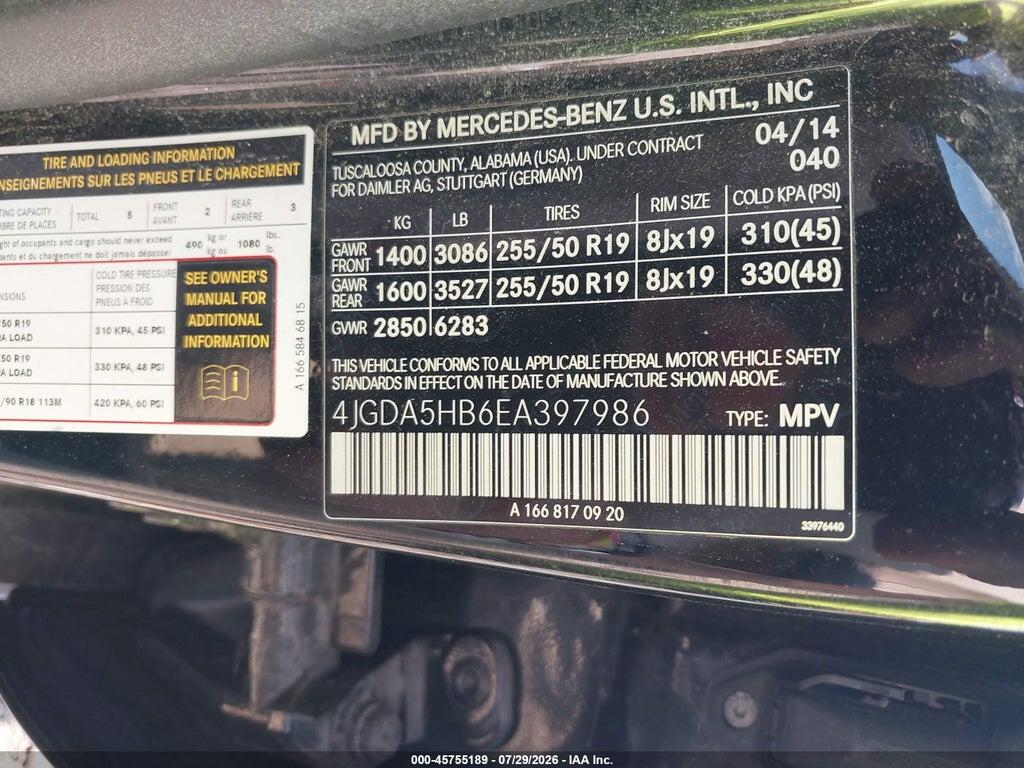 4JGDA5HB6EA397986 2014 MERCEDES-BENZ ML 350 photo no. 9