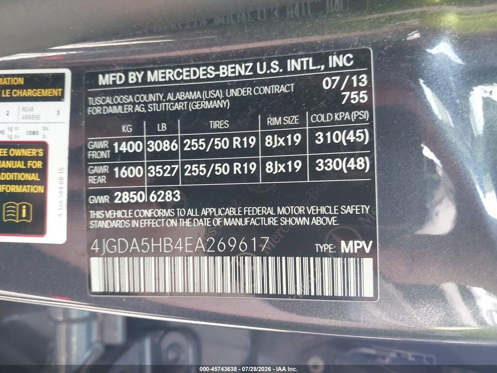 4JGDA5HB4EA269617 2014 MERCEDES-BENZ ML 350 photo no. 9