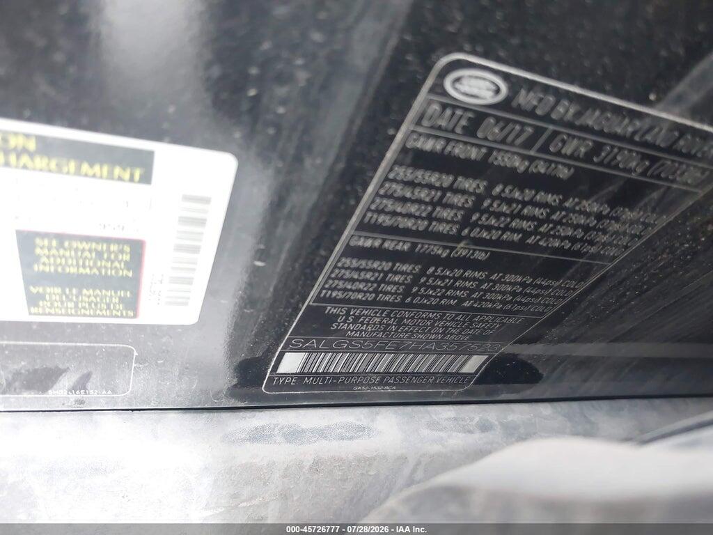 SALGS5FE7HA357523 2017 LAND ROVER RANGE ROVER photo no. 9