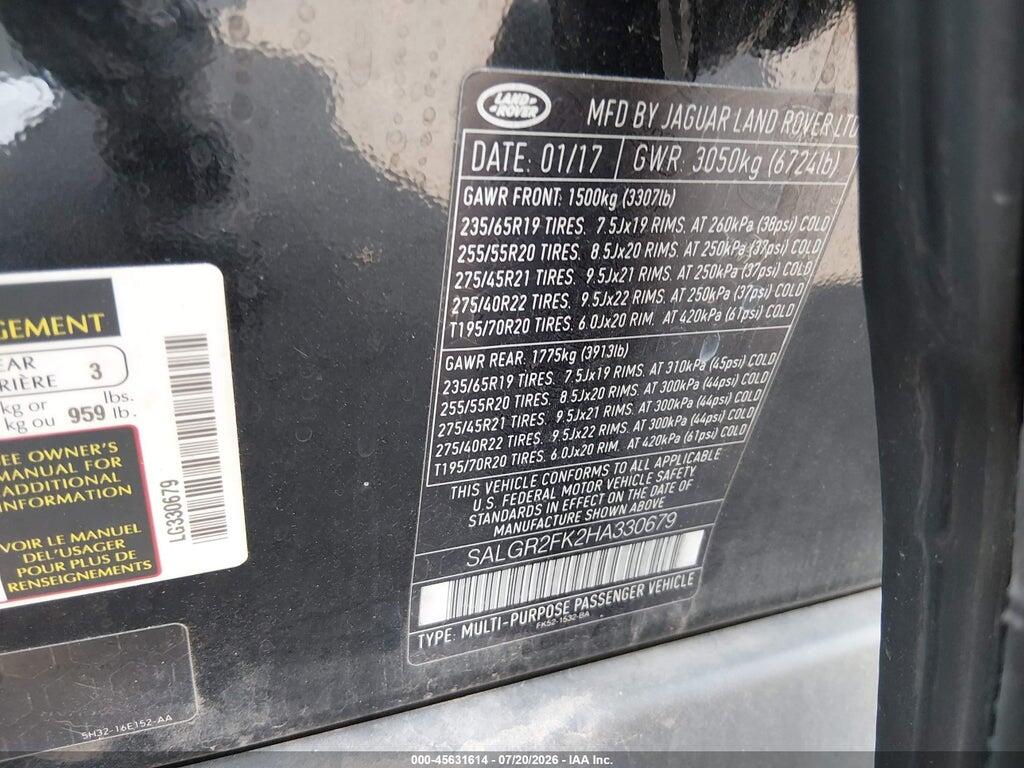 SALGR2FK2HA330679 2017 LAND ROVER RANGE ROVER photo no. 9