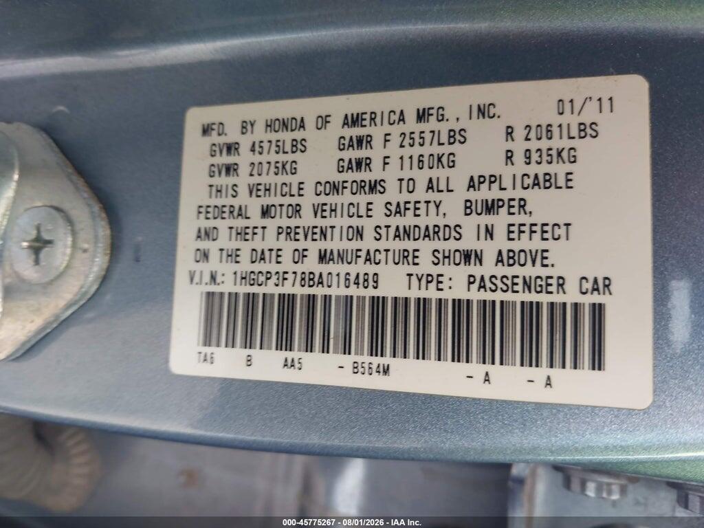 1HGCP3F78BA016489 2011 HONDA ACCORD photo no. 9