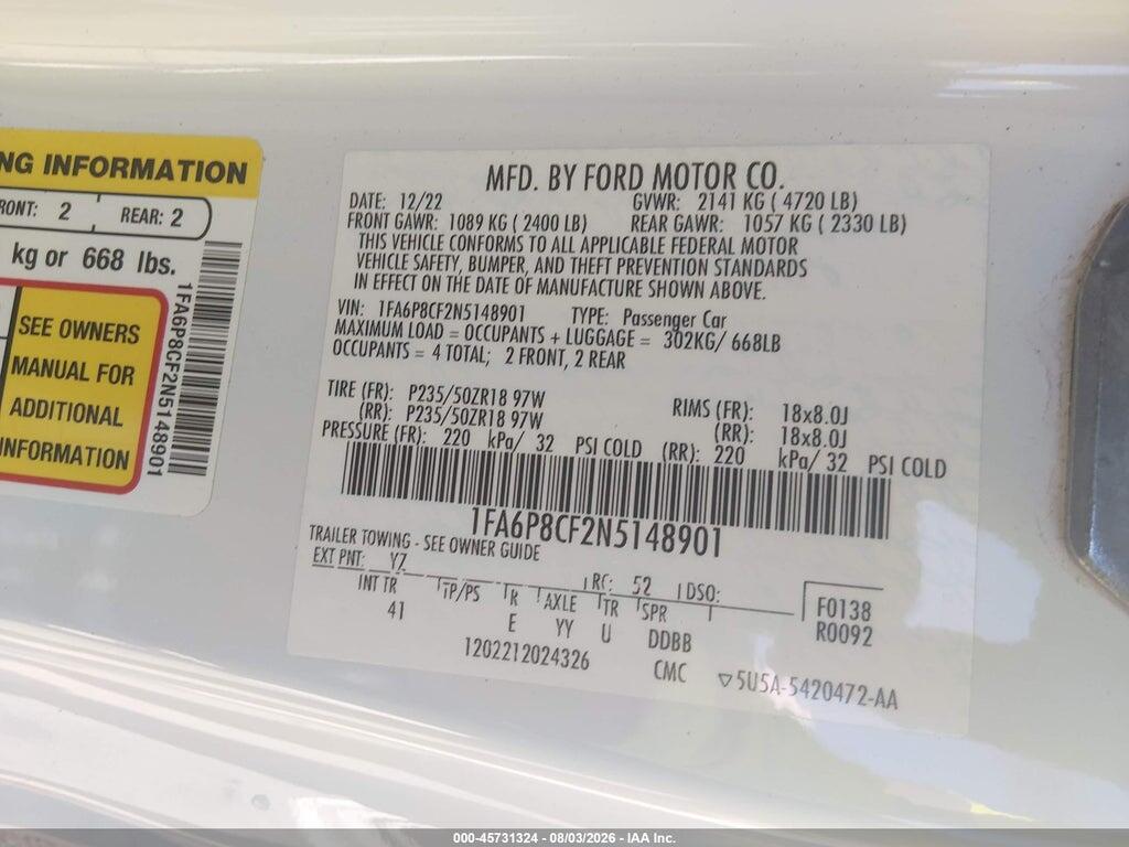1FA6P8CF2N5148901 2022 FORD MUSTANG photo no. 9
