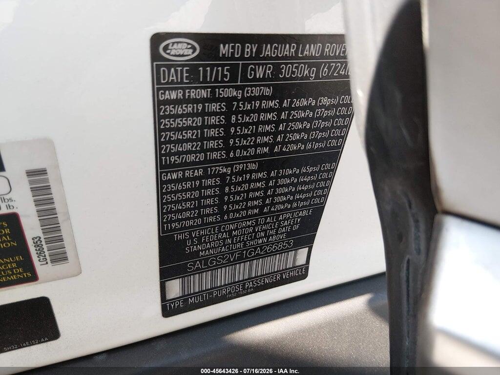 SALGS2VF1GA266853 2016 LAND ROVER RANGE ROVER photo no. 9