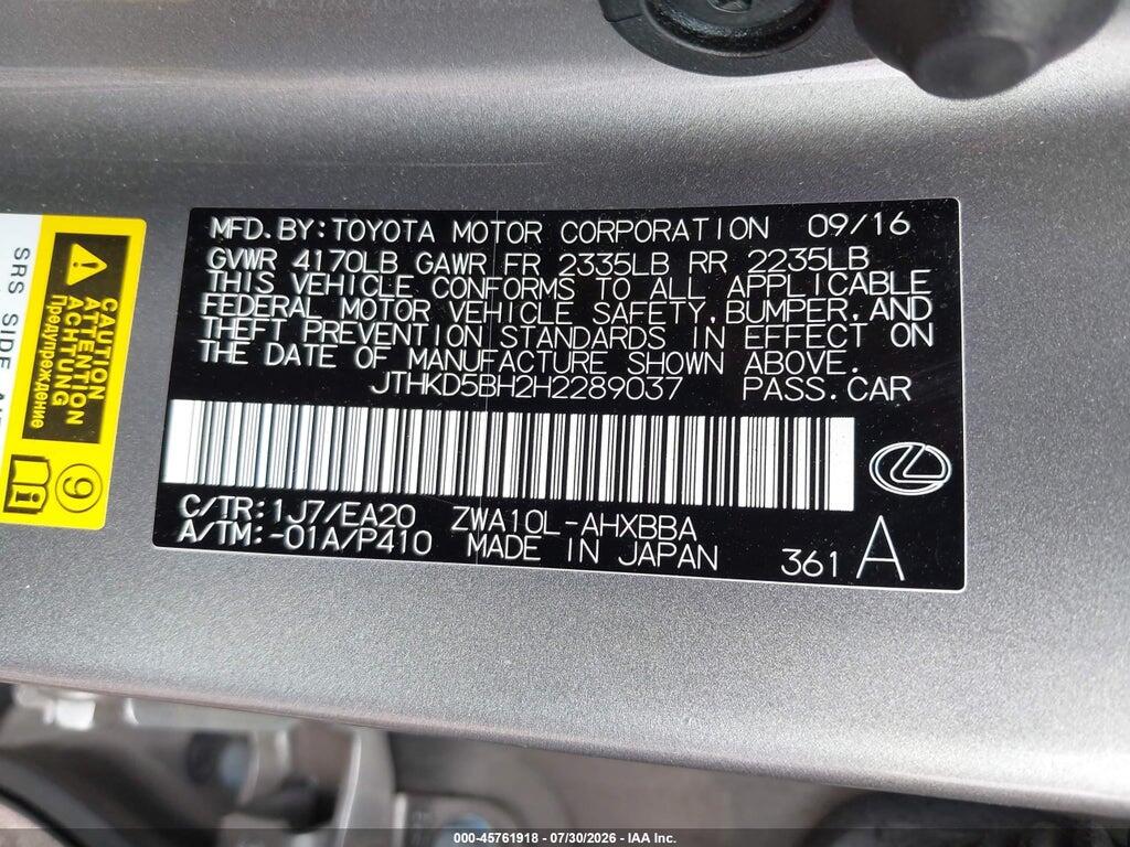 JTHKD5BH2H2289037 2017 LEXUS CT 200H photo no. 9