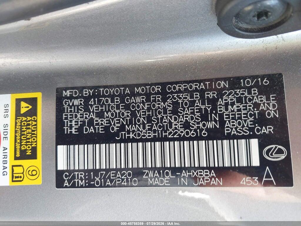 JTHKD5BH1H2290616 2017 LEXUS CT 200H photo no. 9