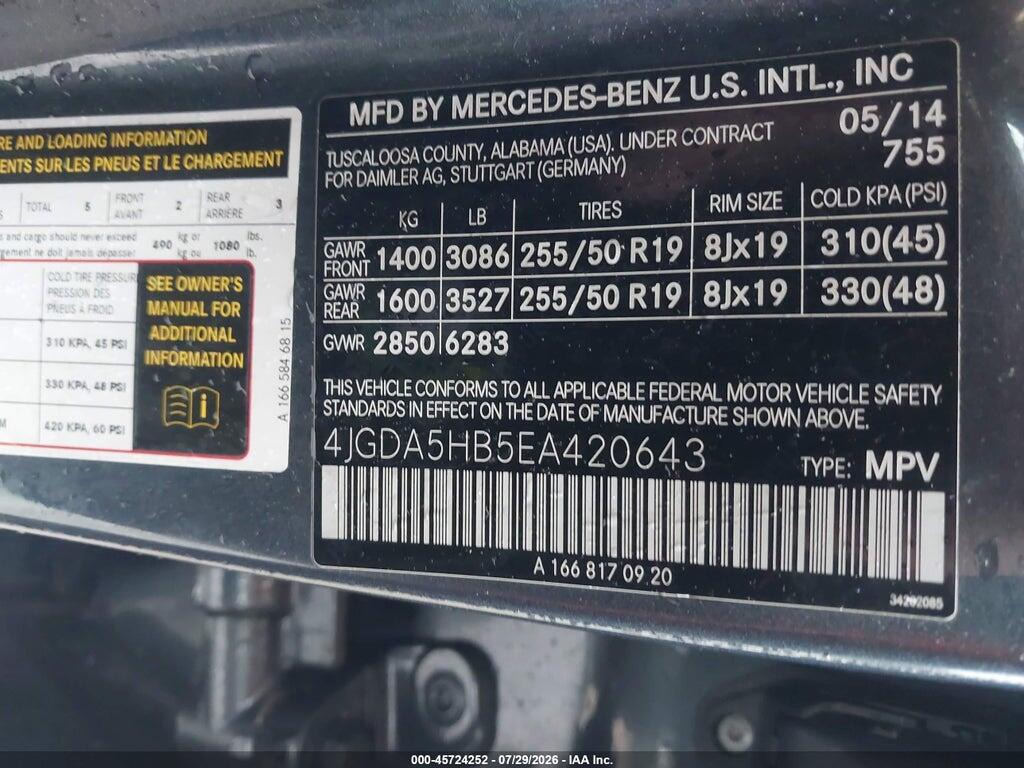4JGDA5HB5EA420643 2014 MERCEDES-BENZ ML 350 photo no. 9