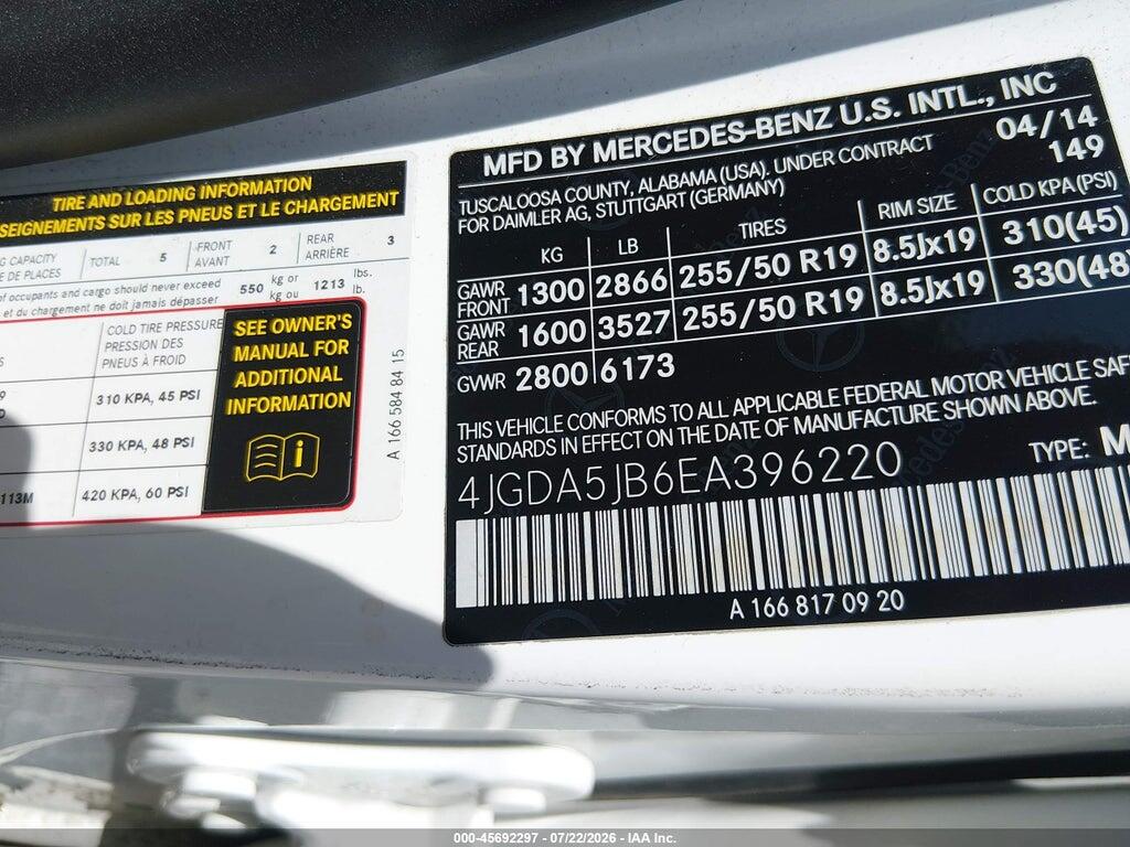 4JGDA5JB6EA396220 2014 MERCEDES-BENZ ML 350 photo no. 9