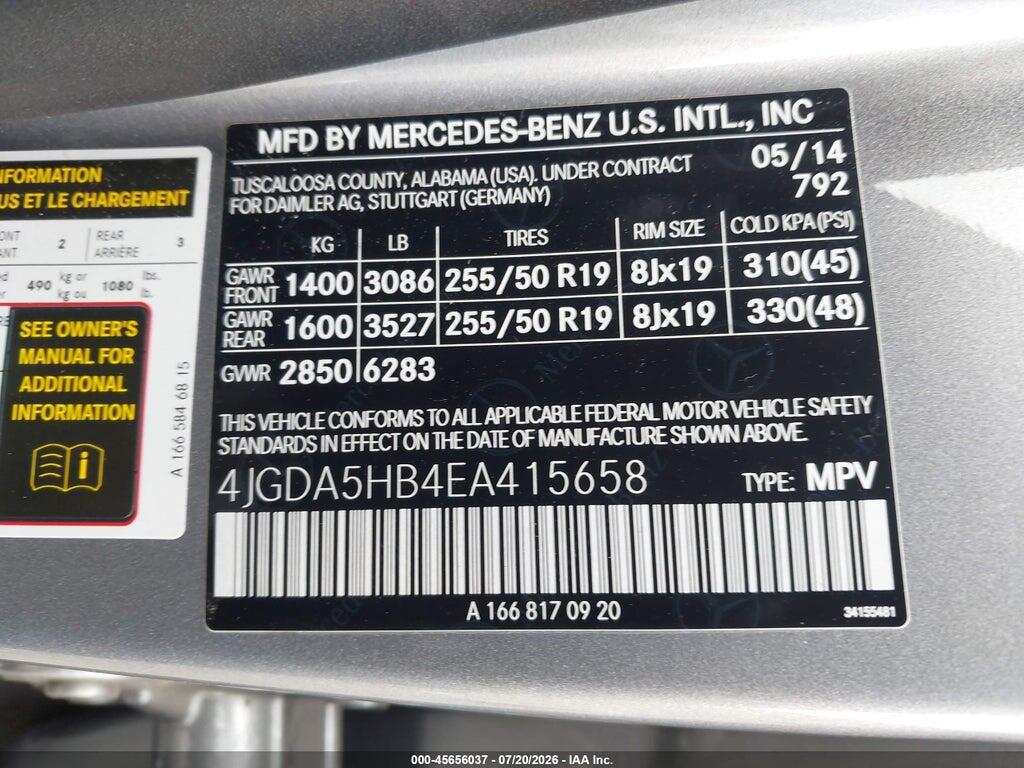 4JGDA5HB4EA415658 2014 MERCEDES-BENZ ML 350 photo no. 9