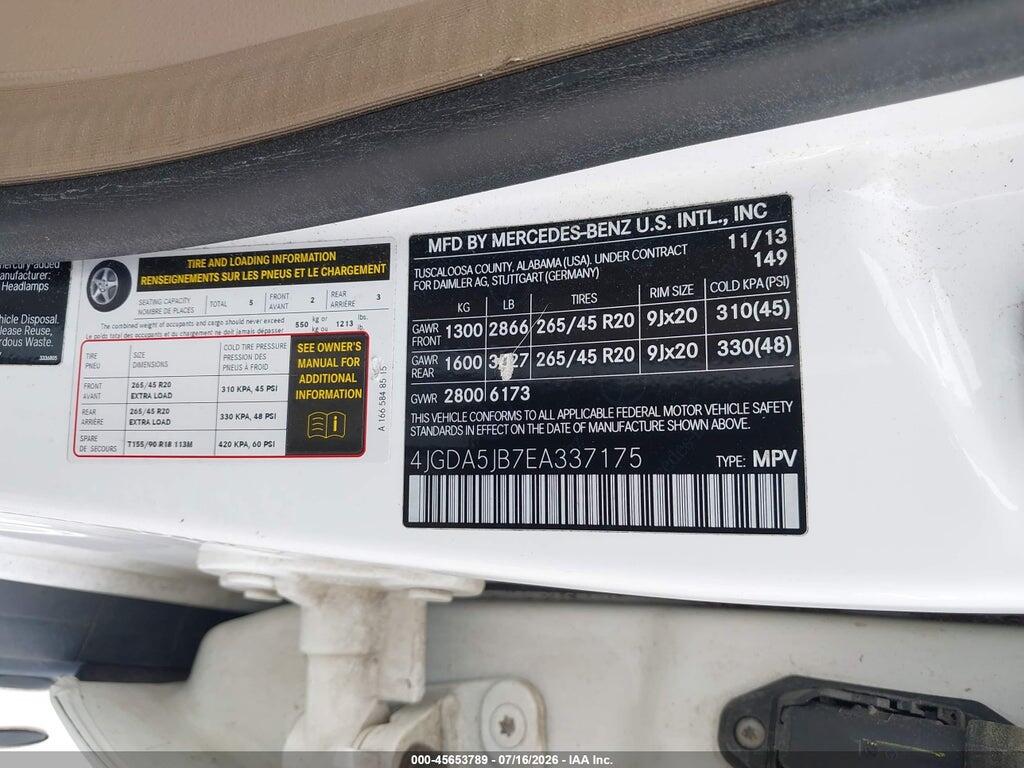 4JGDA5JB7EA337175 2014 MERCEDES-BENZ ML 350 photo no. 9