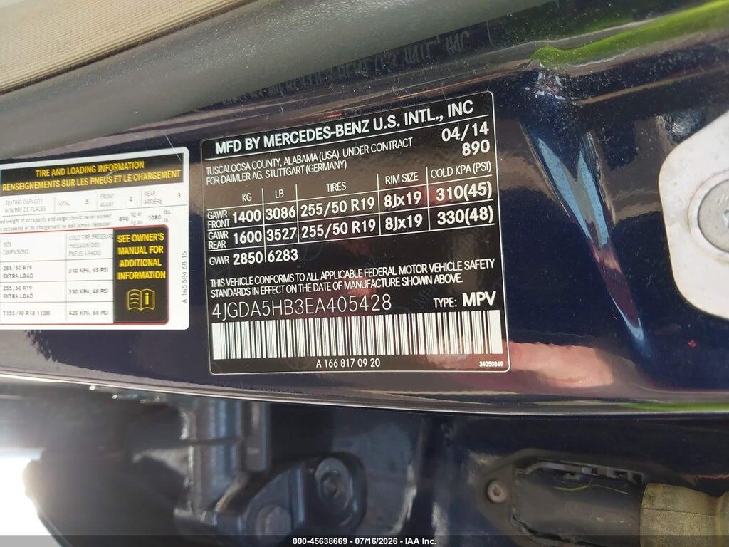4JGDA5HB3EA405428 2014 MERCEDES-BENZ ML 350 photo no. 9