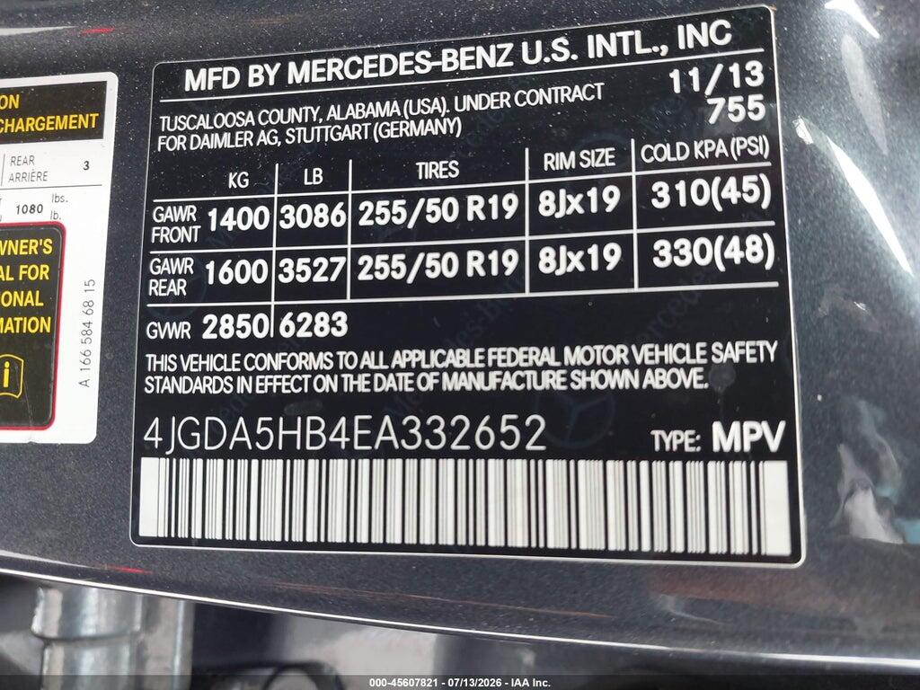 4JGDA5HB4EA332652 2014 MERCEDES-BENZ ML 350 photo no. 9