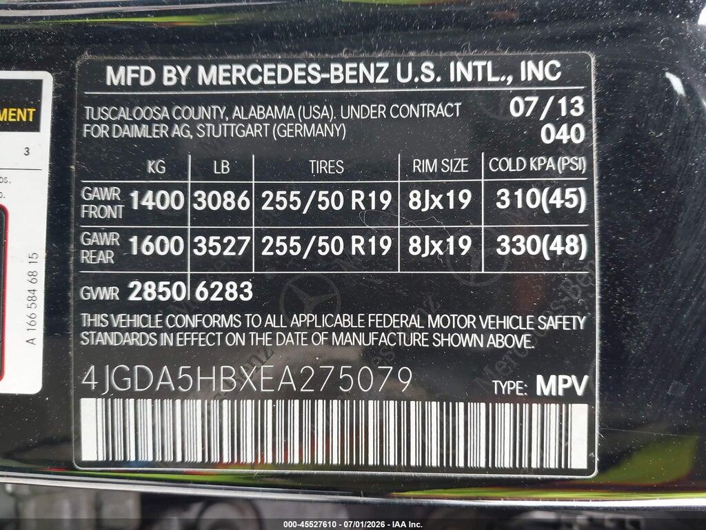 4JGDA5HBXEA275079 2014 MERCEDES-BENZ ML 350 photo no. 9