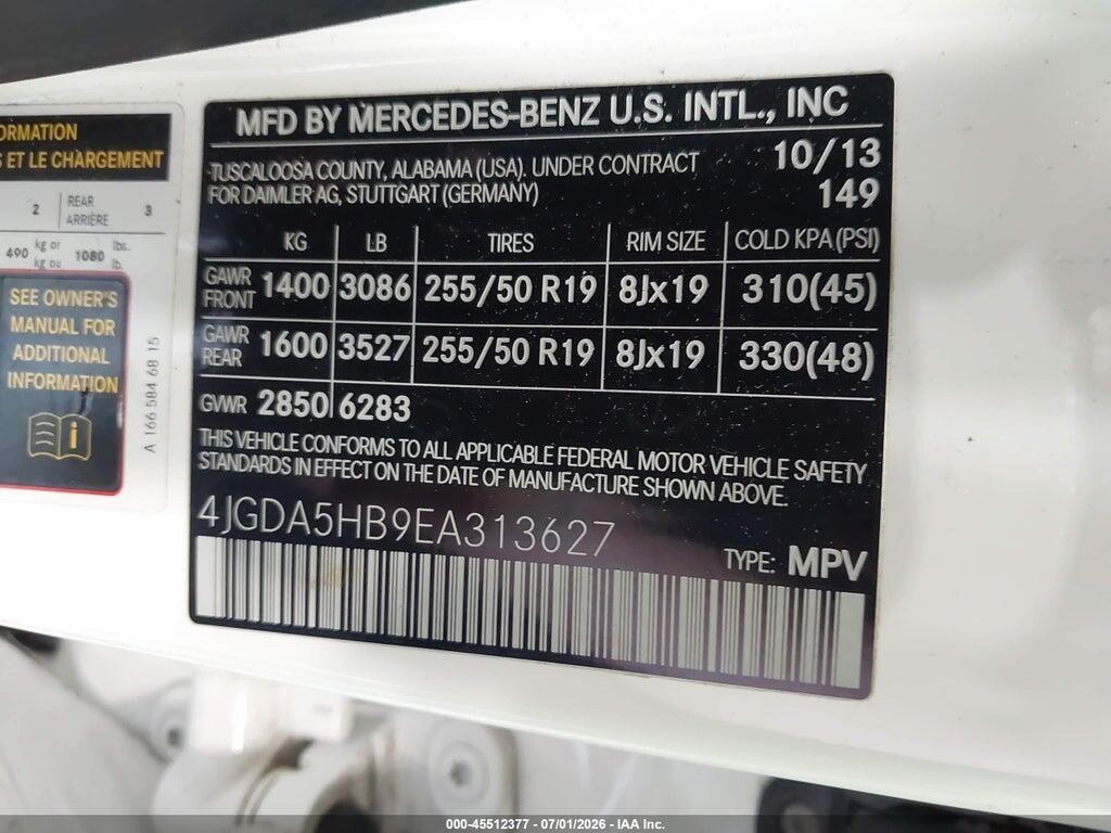 4JGDA5HB9EA313627 2014 MERCEDES-BENZ ML 350 photo no. 9
