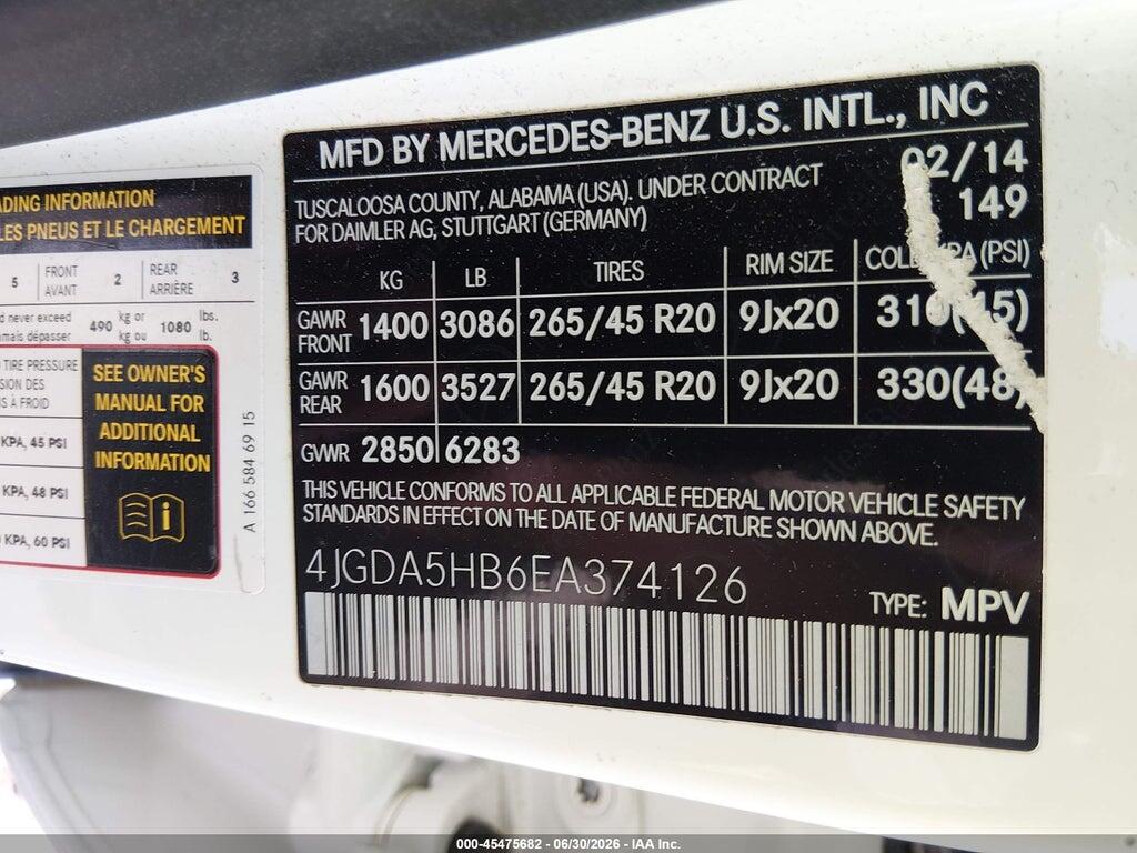 4JGDA5HB6EA374126 2014 MERCEDES-BENZ ML 350 photo no. 9