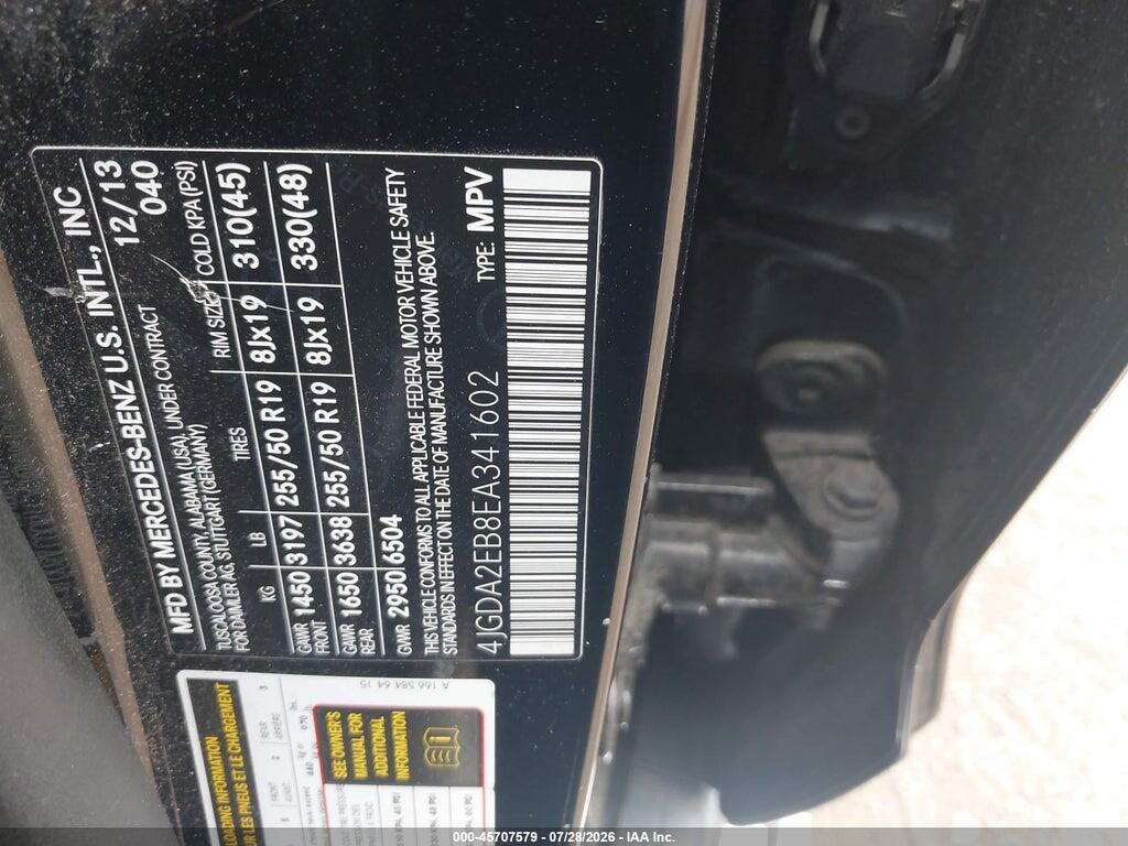 4JGDA2EB8EA341602 2014 MERCEDES-BENZ ML 350 BLUETEC photo no. 9