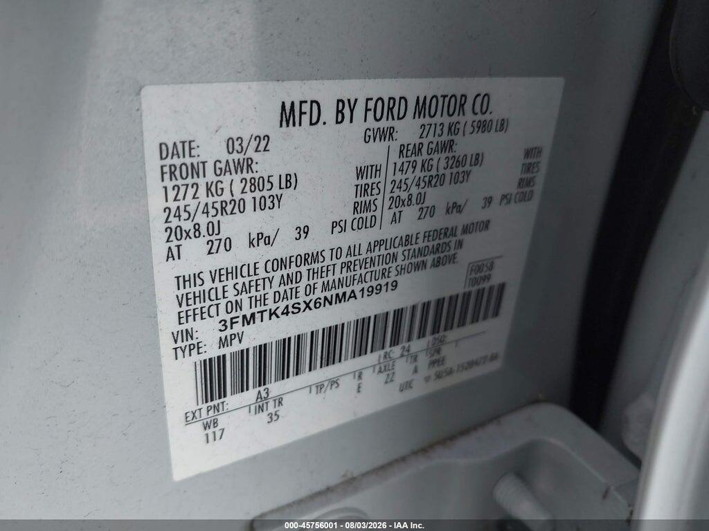 3FMTK4SX6NMA19919 2022 FORD MUSTANG MACH-E photo no. 9