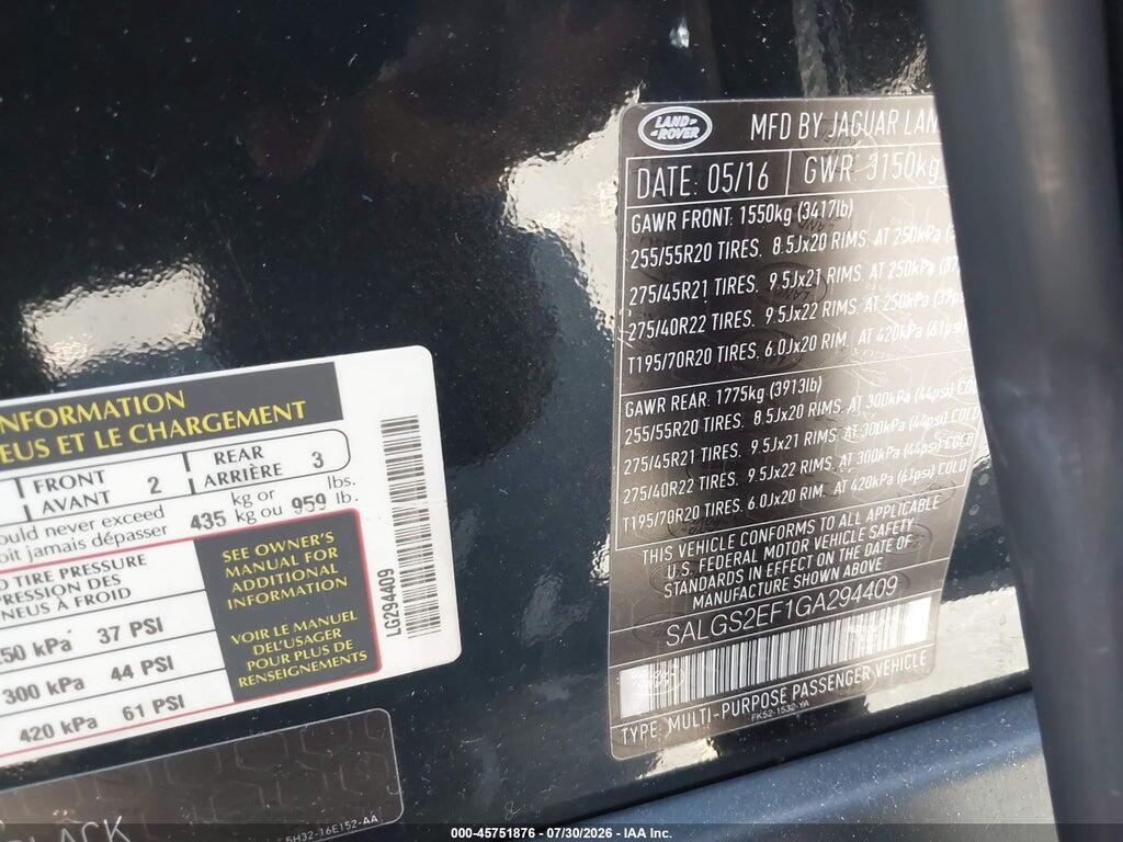 SALGS2EF1GA294409 2016 LAND ROVER RANGE ROVER photo no. 9