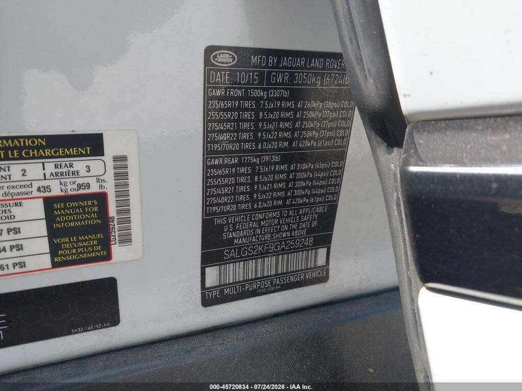 SALGS2KF9GA259248 2016 LAND ROVER RANGE ROVER photo no. 9