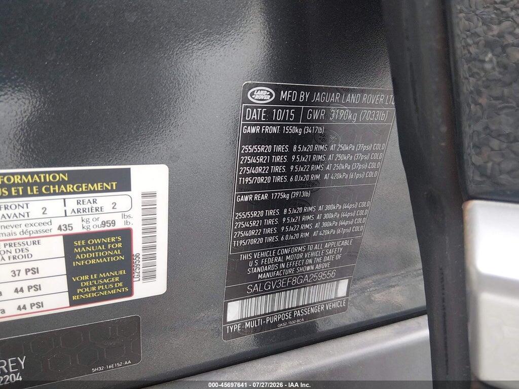SALGV3EF8GA259556 2016 LAND ROVER RANGE ROVER photo no. 9