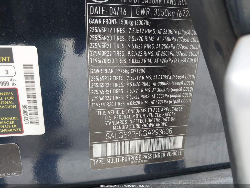 SALGS2PF0GA293636 2016 LAND ROVER RANGE ROVER photo no. 9
