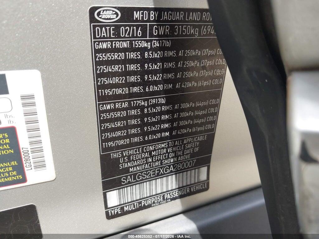 SALGS2EFXGA280007 2016 LAND ROVER RANGE ROVER photo no. 9