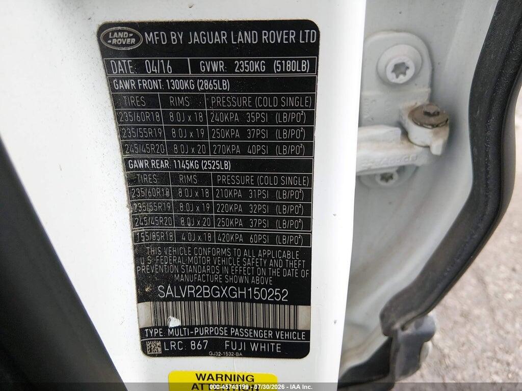 SALVR2BGXGH150252 2016 LAND ROVER RANGE ROVER EVOQUE photo no. 9